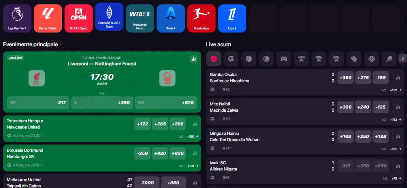 Interfața reală a sportsbook-ului CHEXX cu navigație sportivă vizibilă