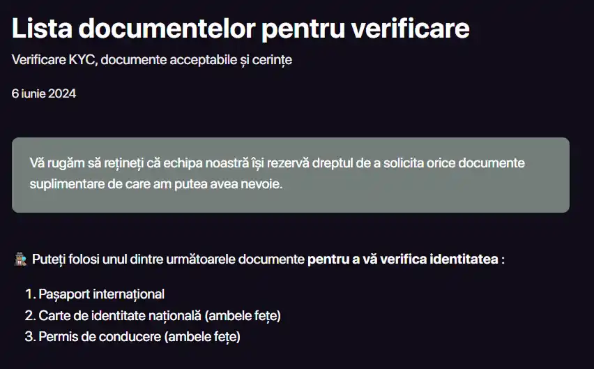 Pagina oficială CHEXX cu documentele acceptate pentru verificarea KYC