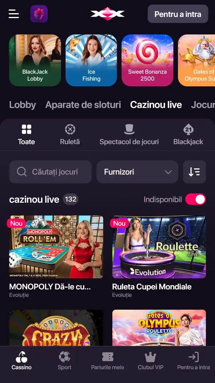 Captură reală a secțiunii Live Casino CHEXX