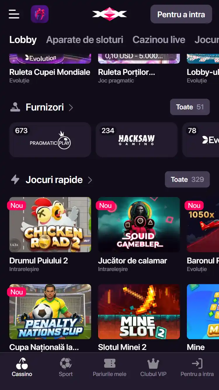 Captură reală a navigației casino CHEXX cu brandingul oficial vizibil